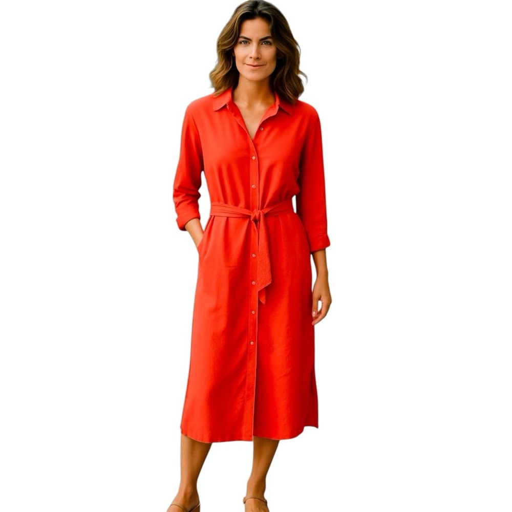Loft Coral Knott Front Midi Long Sleeve Shirt Dress Size: 14